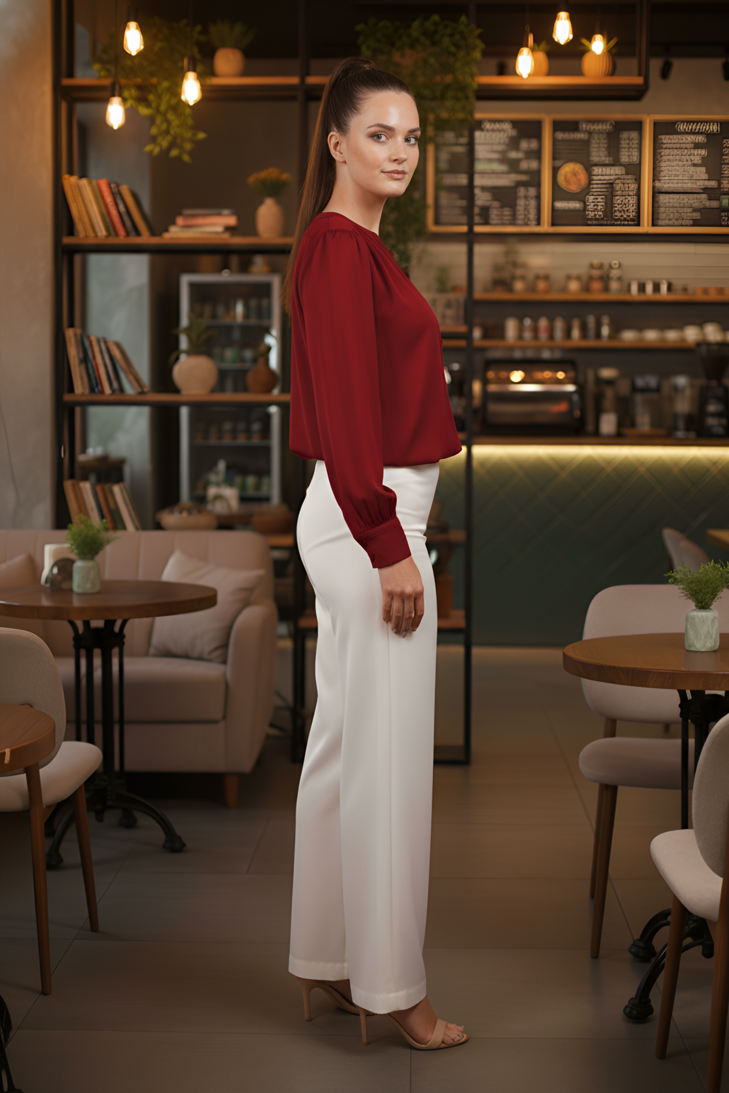 Crimson Satin Full Sleeve Top